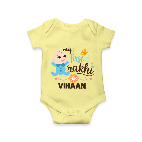 Happy Rakhi Baby Siblings Graphic Romper  – playful sibling interaction with Rakhi. - PASTEL YELLOW - New Born (Chest 14")