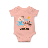 Happy Rakhi Baby Siblings Graphic Romper  – playful sibling interaction with Rakhi. - PEACH - New Born (Chest 14")