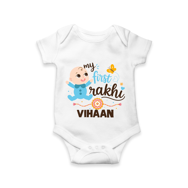 Happy Rakhi Baby Siblings Graphic Romper  – playful sibling interaction with Rakhi. - WHITE - New Born (Chest 14")
