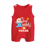 Happy Rakhi Baby Siblings Graphic Button Romper – playful sibling interaction with Rakhi. - RED - New Born (Chest 18")