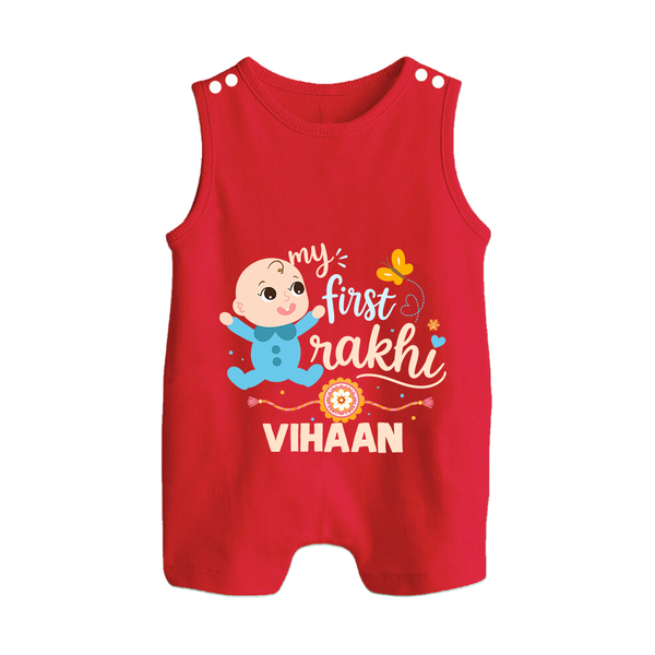 Happy Rakhi Baby Siblings Graphic Button Romper – playful sibling interaction with Rakhi. - RED - New Born (Chest 18")