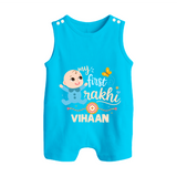 Happy Rakhi Baby Siblings Graphic Button Romper – playful sibling interaction with Rakhi. - SKY BLUE - New Born (Chest 18")