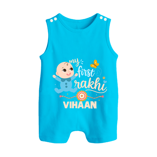 Happy Rakhi Baby Siblings Graphic Button Romper – playful sibling interaction with Rakhi. - SKY BLUE - New Born (Chest 18")