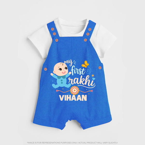 Happy Rakhi Baby Siblings Graphic Dungaree – playful sibling interaction with Rakhi. - COBALT BLUE - 0 - 5 Months Old (Chest 18")