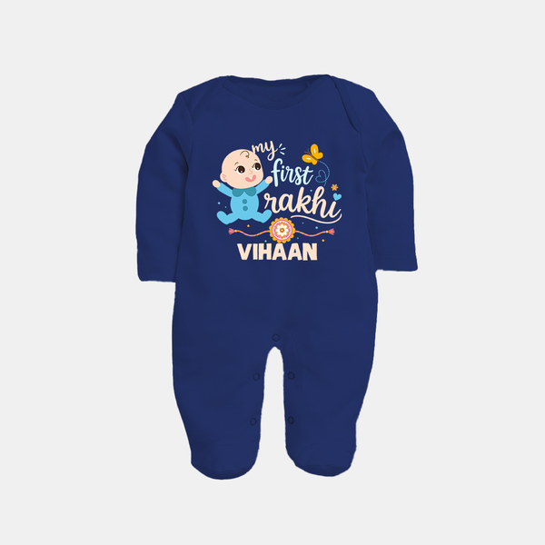 Happy Rakhi Baby Siblings Graphic Fullbody Suit – playful sibling interaction with Rakhi. - NAVY BLUE - New Born (Chest 7.5")