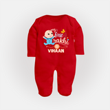 Happy Rakhi Baby Siblings Graphic Fullbody Suit – playful sibling interaction with Rakhi. - RED - New Born (Chest 7.5")