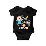 Happy Rakhi Baby Siblings Graphic Romper  – playful sibling interaction with Rakhi. - BLACK - New Born (Chest 14")