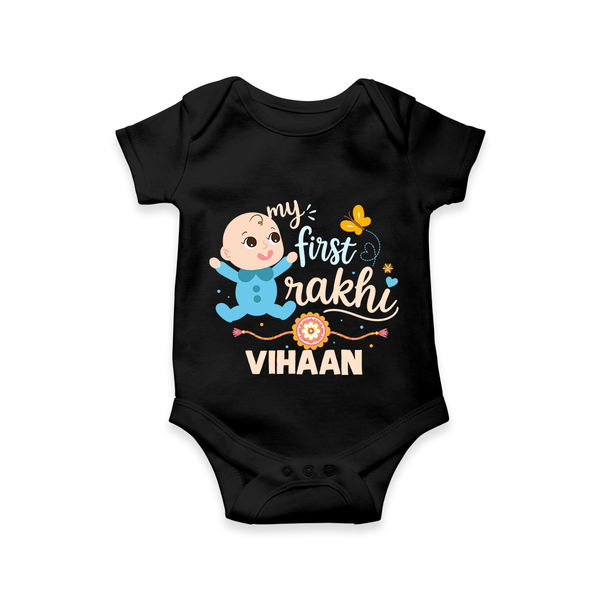 Happy Rakhi Baby Siblings Graphic Romper  – playful sibling interaction with Rakhi. - BLACK - New Born (Chest 14")