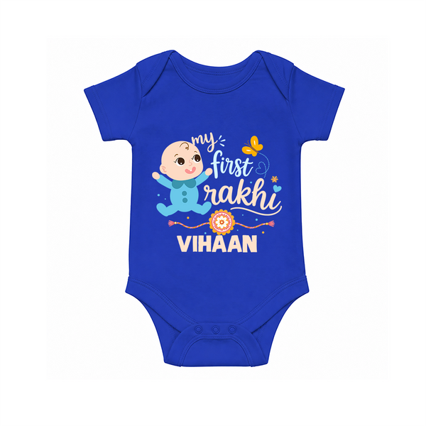 Happy Rakhi Baby Siblings Graphic Romper  – playful sibling interaction with Rakhi. - COBALT BLUE - New Born (Chest 14")