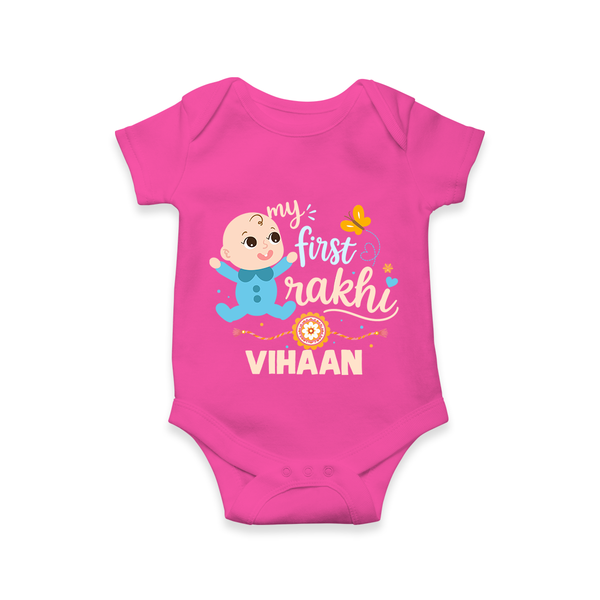 Happy Rakhi Baby Siblings Graphic Romper  – playful sibling interaction with Rakhi. - HOT PINK - New Born (Chest 14")