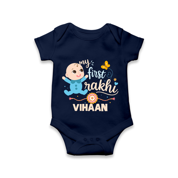 Happy Rakhi Baby Siblings Graphic Romper  – playful sibling interaction with Rakhi. - NAVY BLUE - New Born (Chest 14")
