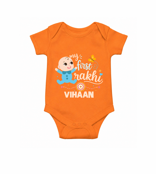Happy Rakhi Baby Siblings Graphic Romper  – playful sibling interaction with Rakhi.