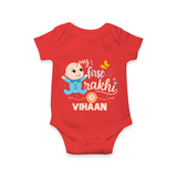 Happy Rakhi Baby Siblings Graphic Romper  – playful sibling interaction with Rakhi. - RED - New Born (Chest 14")