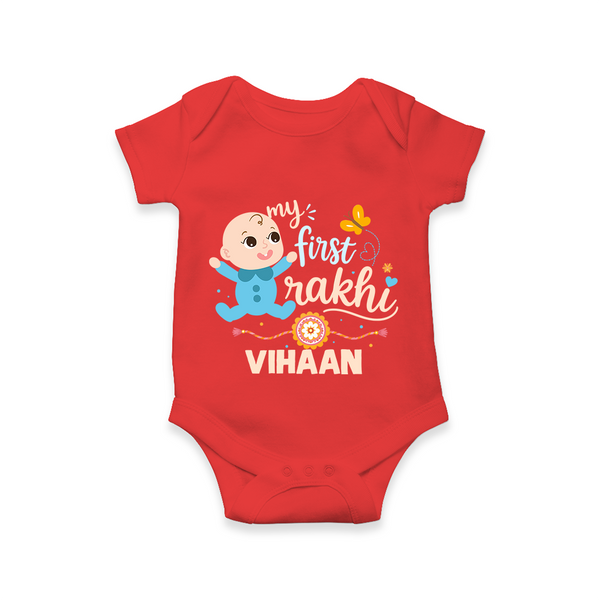 Happy Rakhi Baby Siblings Graphic Romper  – playful sibling interaction with Rakhi. - RED - New Born (Chest 14")