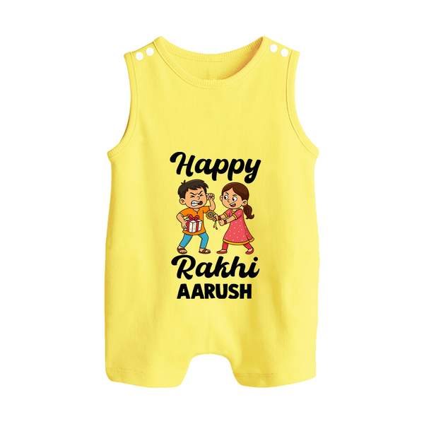 First Rakhi Celebration Baby Button Romper– general Rakhi theme for baby. - PASTEL YELLOW - New Born (Chest 18")