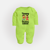 First Rakhi Celebration Baby Fullbody Suit– general Rakhi theme for baby. - LIME GREEN - New Born (Chest 7.5")