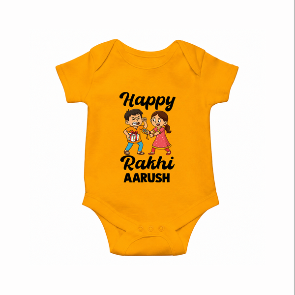 First Rakhi Celebration Baby Romper – general Rakhi theme for baby. - CHROME YELLOW - New Born (Chest 14")