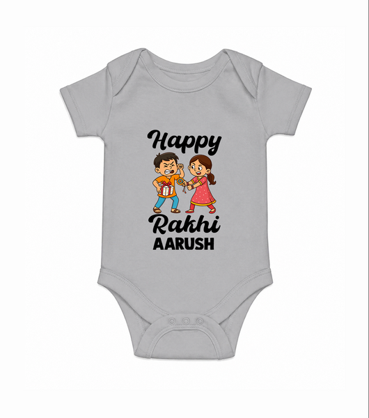 First Rakhi Celebration Baby Romper – general Rakhi theme for baby. - GREY - New Born (Chest 14")