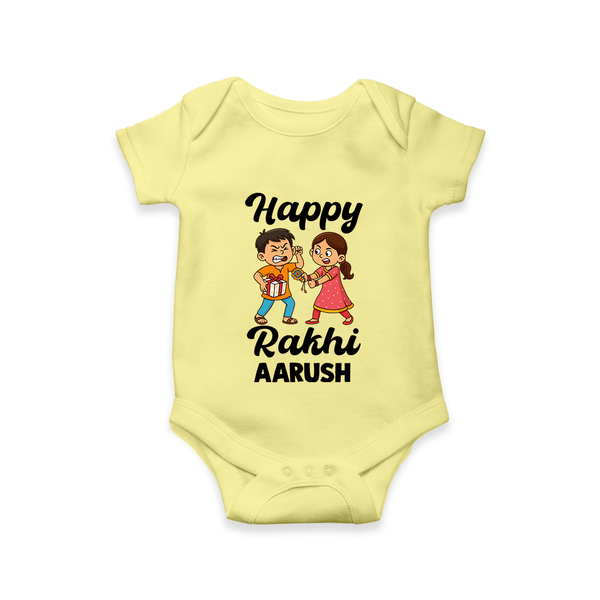 First Rakhi Celebration Baby Romper – general Rakhi theme for baby. - PASTEL YELLOW - New Born (Chest 14")