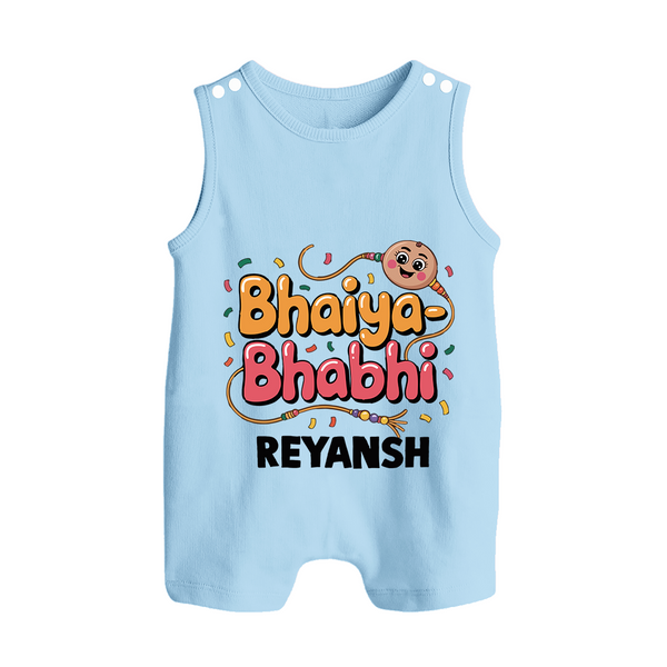 Bhaiya-Bhabhi Fun Rakhi Print Button Romper – cartoon style with “Bhaiya-Bhabhi” text and playful elements. - BABY BLUE - New Born (Chest 18")