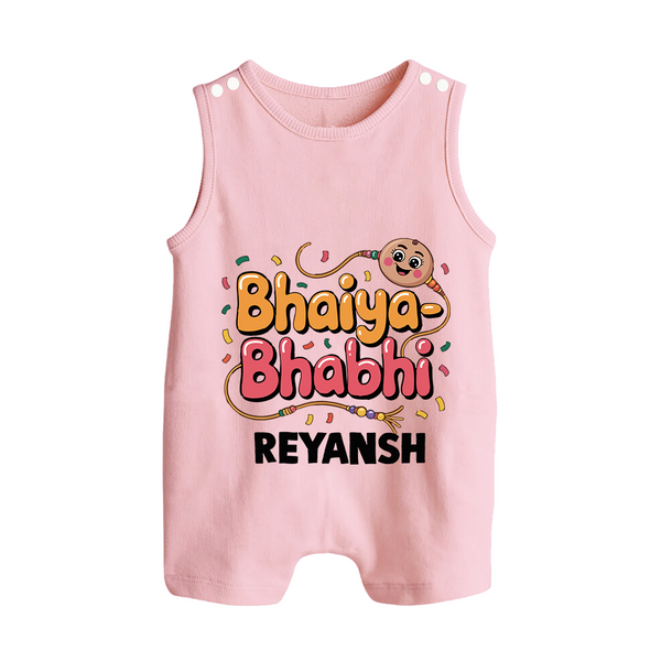 Bhaiya-Bhabhi Fun Rakhi Print Button Romper – cartoon style with “Bhaiya-Bhabhi” text and playful elements. - BABY PINK - New Born (Chest 18")
