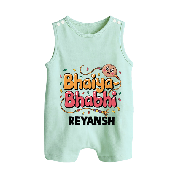 Bhaiya-Bhabhi Fun Rakhi Print Button Romper – cartoon style with “Bhaiya-Bhabhi” text and playful elements. - MINT GREEN - New Born (Chest 18")