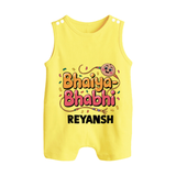 Bhaiya-Bhabhi Fun Rakhi Print Button Romper – cartoon style with “Bhaiya-Bhabhi” text and playful elements. - PASTEL YELLOW - New Born (Chest 18")