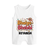 Bhaiya-Bhabhi Fun Rakhi Print Button Romper – cartoon style with “Bhaiya-Bhabhi” text and playful elements. - WHITE - New Born (Chest 18")