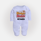Bhaiya-Bhabhi Fun Rakhi Print Fullbody Suit – cartoon style with “Bhaiya-Bhabhi” text and playful elements. - BABY BLUE - New Born (Chest 7.5")