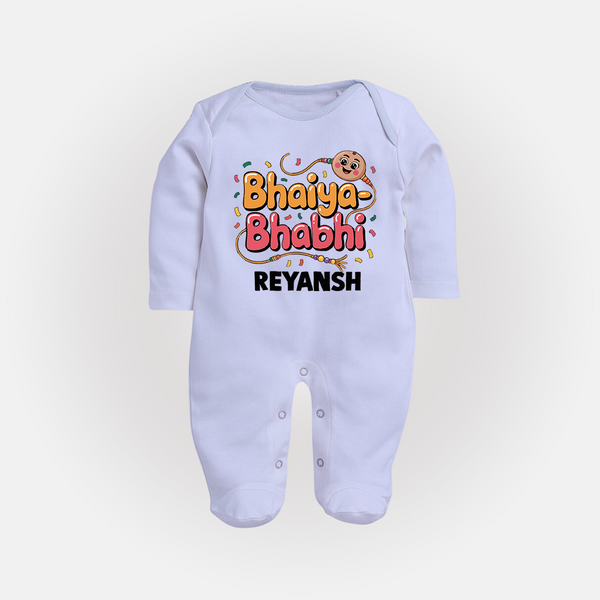 Bhaiya-Bhabhi Fun Rakhi Print Fullbody Suit – cartoon style with “Bhaiya-Bhabhi” text and playful elements. - BABY BLUE - New Born (Chest 7.5")