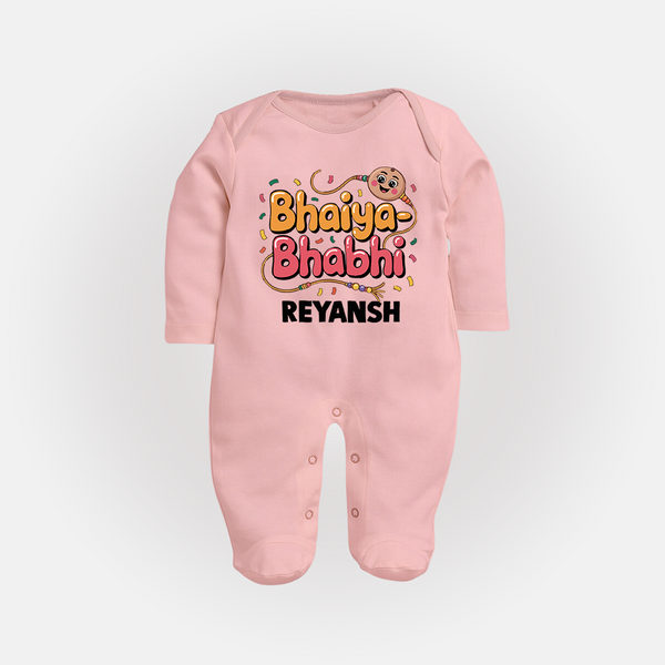 Bhaiya-Bhabhi Fun Rakhi Print Fullbody Suit – cartoon style with “Bhaiya-Bhabhi” text and playful elements. - BABY PINK - New Born (Chest 7.5")
