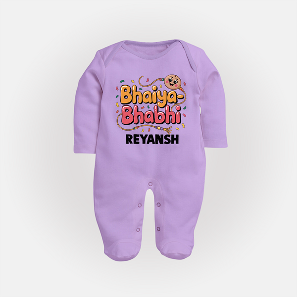 Bhaiya-Bhabhi Fun Rakhi Print Fullbody Suit – cartoon style with “Bhaiya-Bhabhi” text and playful elements. - LILAC - New Born (Chest 7.5")
