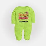 Bhaiya-Bhabhi Fun Rakhi Print Fullbody Suit – cartoon style with “Bhaiya-Bhabhi” text and playful elements. - LIME GREEN - New Born (Chest 7.5")
