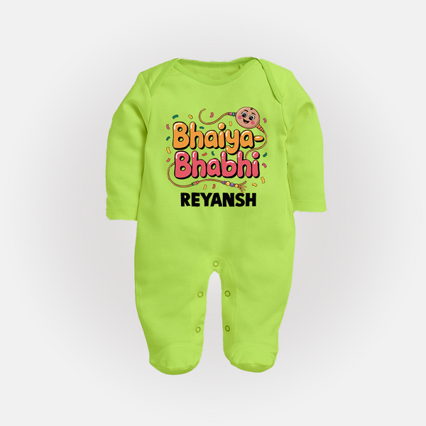 Bhaiya-Bhabhi Fun Rakhi Print Fullbody Suit – cartoon style with “Bhaiya-Bhabhi” text and playful elements. - LIME GREEN - New Born (Chest 7.5")
