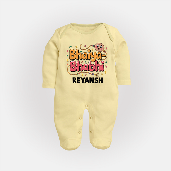 Bhaiya-Bhabhi Fun Rakhi Print Fullbody Suit – cartoon style with “Bhaiya-Bhabhi” text and playful elements. - PASTEL YELLOW - New Born (Chest 7.5")