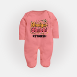 Bhaiya-Bhabhi Fun Rakhi Print Fullbody Suit – cartoon style with “Bhaiya-Bhabhi” text and playful elements. - PEACH - New Born (Chest 7.5")