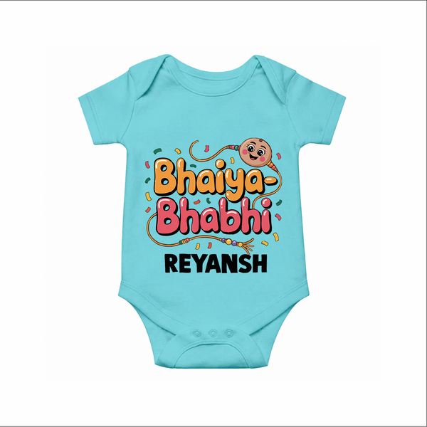 Bhaiya-Bhabhi Fun Rakhi Print Romper  – cartoon style with “Bhaiya-Bhabhi” text and playful elements. - ARCTIC BLUE - New Born (Chest 14")