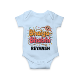 Bhaiya-Bhabhi Fun Rakhi Print Romper  – cartoon style with “Bhaiya-Bhabhi” text and playful elements. - BABY BLUE - New Born (Chest 14")
