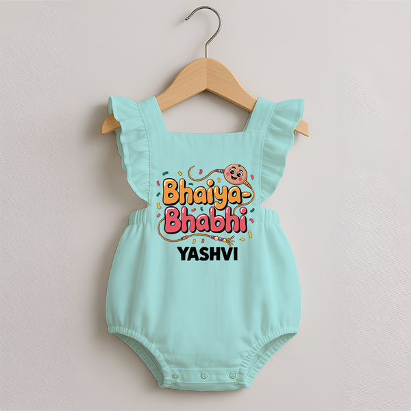 Bhaiya-Bhabhi Fun Rakhi Print Romper Frock – cartoon style with “Bhaiya-Bhabhi” text and playful elements. - MINT GREEN - 0 - 3 Months Old (Chest 19")