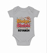 Bhaiya-Bhabhi Fun Rakhi Print Romper  – cartoon style with “Bhaiya-Bhabhi” text and playful elements. - GREY - New Born (Chest 14")
