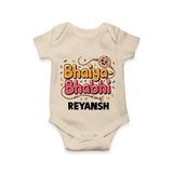 Bhaiya-Bhabhi Fun Rakhi Print Romper  – cartoon style with “Bhaiya-Bhabhi” text and playful elements. - IVORY - New Born (Chest 14")