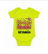 Bhaiya-Bhabhi Fun Rakhi Print Romper  – cartoon style with “Bhaiya-Bhabhi” text and playful elements. - LIME GREEN - New Born (Chest 14")
