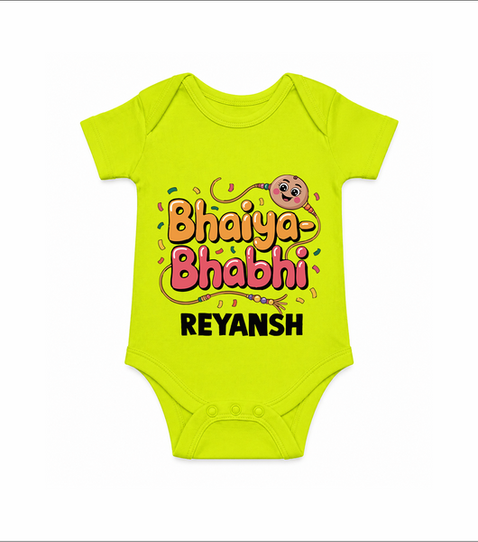 Bhaiya-Bhabhi Fun Rakhi Print Romper  – cartoon style with “Bhaiya-Bhabhi” text and playful elements. - LIME GREEN - New Born (Chest 14")