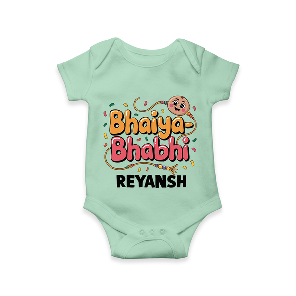 Bhaiya-Bhabhi Fun Rakhi Print Romper  – cartoon style with “Bhaiya-Bhabhi” text and playful elements. - MINT GREEN - New Born (Chest 14")