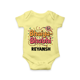 Bhaiya-Bhabhi Fun Rakhi Print Romper  – cartoon style with “Bhaiya-Bhabhi” text and playful elements. - PASTEL YELLOW - New Born (Chest 14")