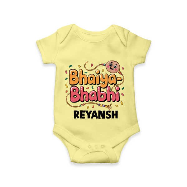 Bhaiya-Bhabhi Fun Rakhi Print Romper  – cartoon style with “Bhaiya-Bhabhi” text and playful elements. - PASTEL YELLOW - New Born (Chest 14")
