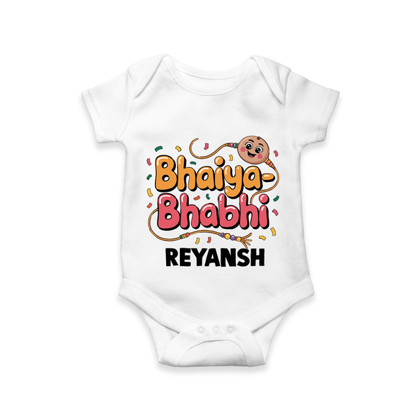Bhaiya-Bhabhi Fun Rakhi Print Romper  – cartoon style with “Bhaiya-Bhabhi” text and playful elements. - WHITE - New Born (Chest 14")