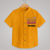 Bhaiya-Bhabhi Fun Rakhi Print Shirt – cartoon style with “Bhaiya-Bhabhi” text and playful elements. - CHROME YELLOW - 0 - 6 Months Old (Chest 23")