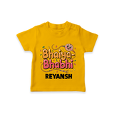 Bhaiya-Bhabhi Fun Rakhi Print TShirt – cartoon style with “Bhaiya-Bhabhi” text and playful elements. - CHROME YELLOW - 0-5 Months Old (Chest 17")