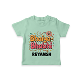Bhaiya-Bhabhi Fun Rakhi Print TShirt – cartoon style with “Bhaiya-Bhabhi” text and playful elements. - MINT GREEN - 0-5 Months Old (Chest 17")